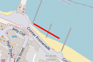 A map showing the Cromer Esplanade beach stretch plotted on it