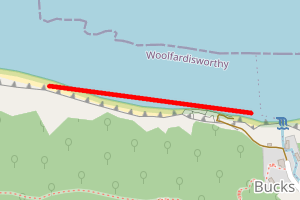 A map showing the Bucks Mills beach stretch plotted on it