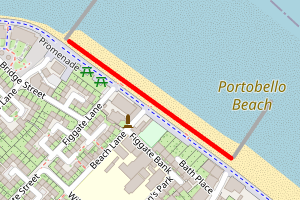 A map showing the Portobello beach, Edinburgh beach stretch plotted on it
