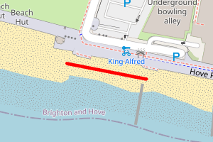 A map showing the Hove King Alfred Leisure Centre beach stretch plotted on it