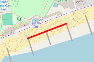 A map showing the Worthing Beach - near splash pad at the gap beach stretch plotted on it