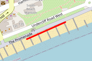 A map showing the Felixstowe between The Cork and Spa Pavillion beach stretch plotted on it