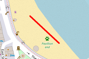 A map showing the Weymouth Beach near Pavilion beach stretch plotted on it